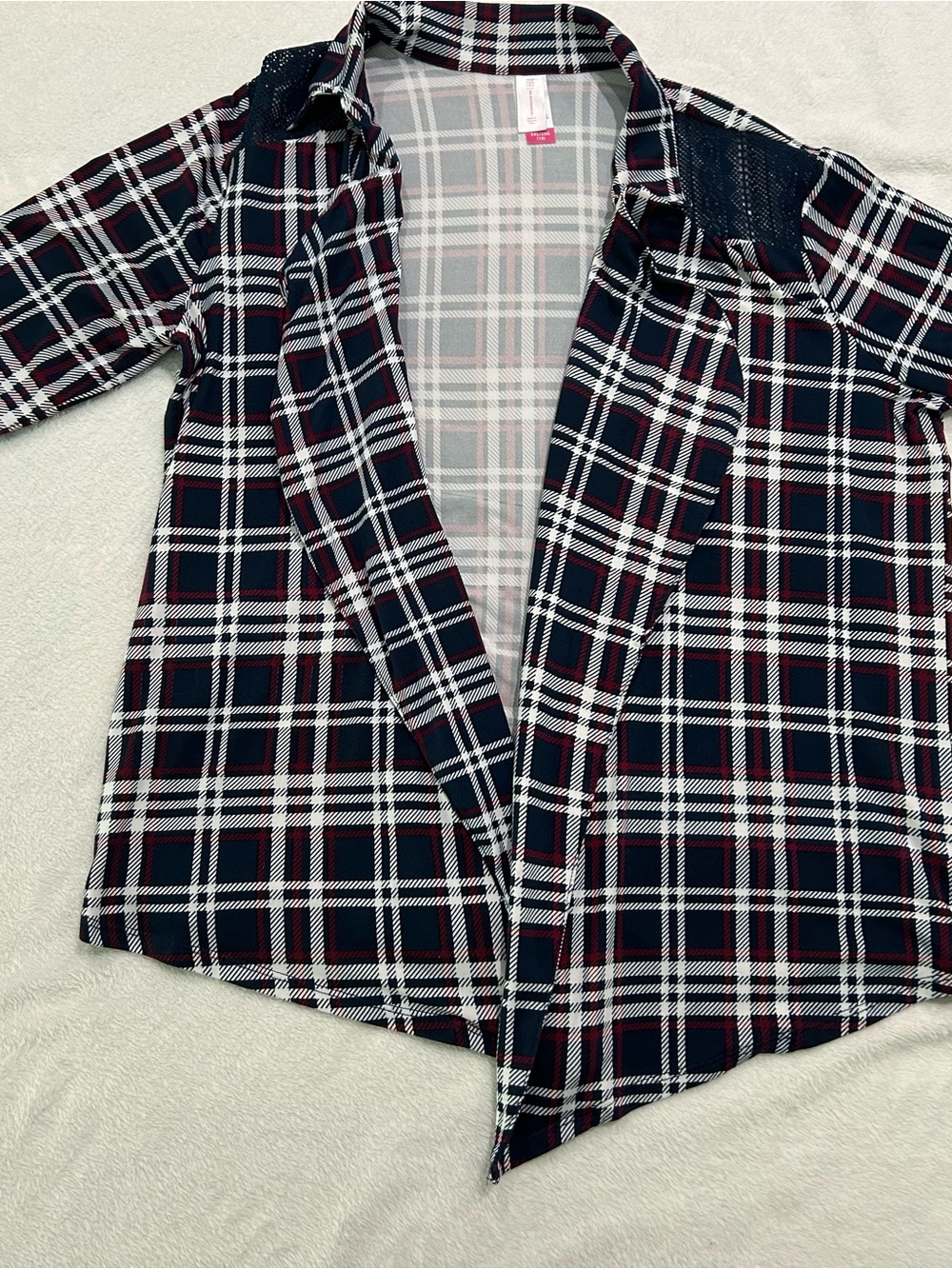 No Boundaries Juniors Sz XXL/2X Open Front Duster Cardigan Navy Red Plaid